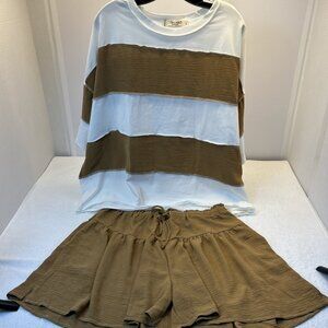 THREE BIRD NEST Wide Leg Oversized Top Short Set Bohemian Stripe Gold NWT